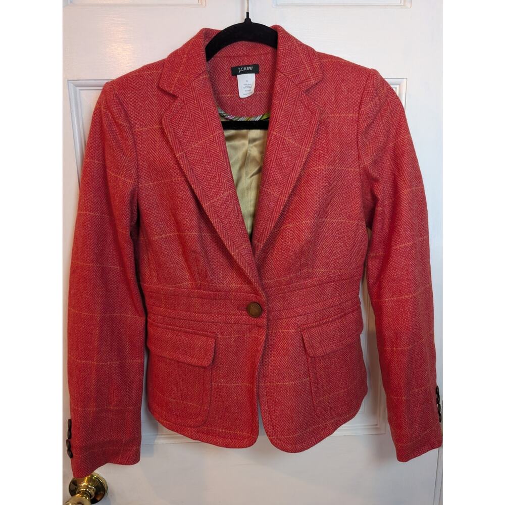 J.Crew 100% Wool Herringbone Blazer Red/Orange Windowpane Size 0